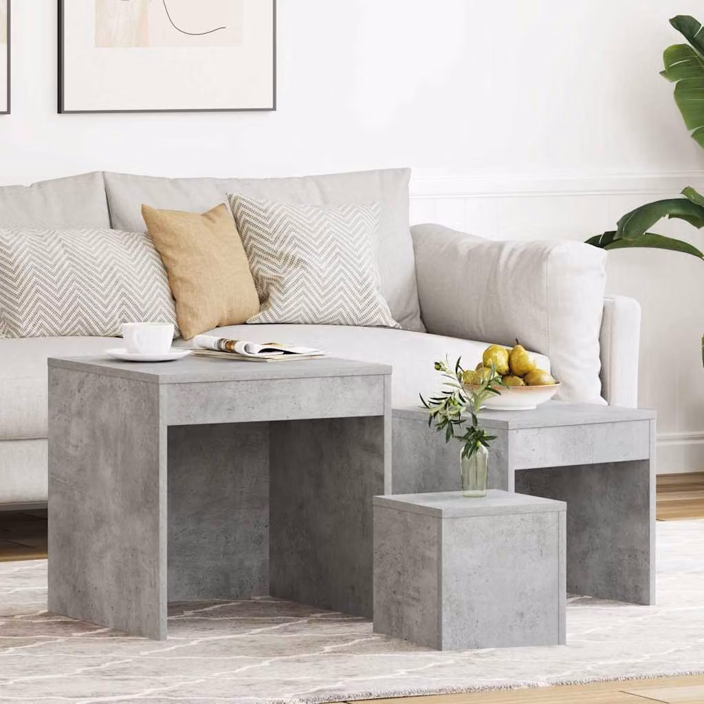 Set di 3 tavolini impilabili vidaXL in legno multistrato, design moderno quadrato, colore grigio cemento