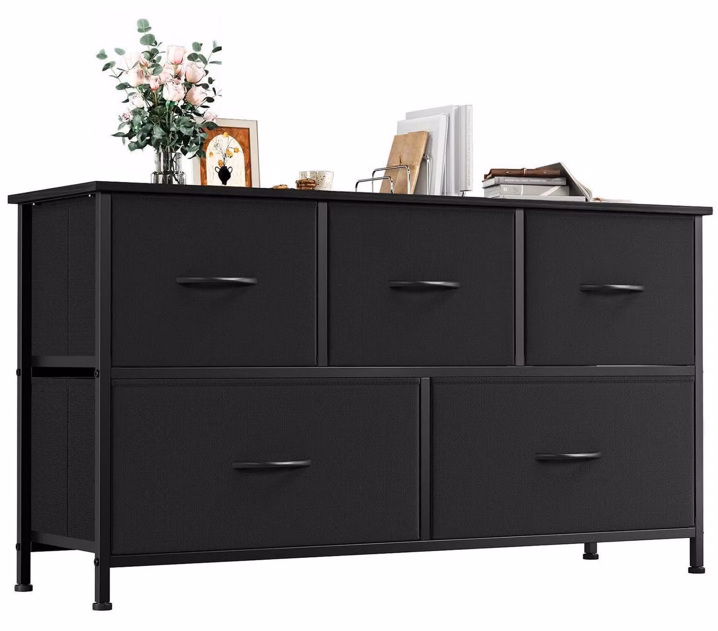 Comodino in tessuto con 5 cassetti, colore nero, dimensioni 100x55x30 cm