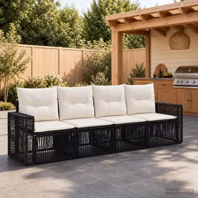 Set Divano da Giardino 4 pz Nero e Bianco Crema polyrattan 3435046