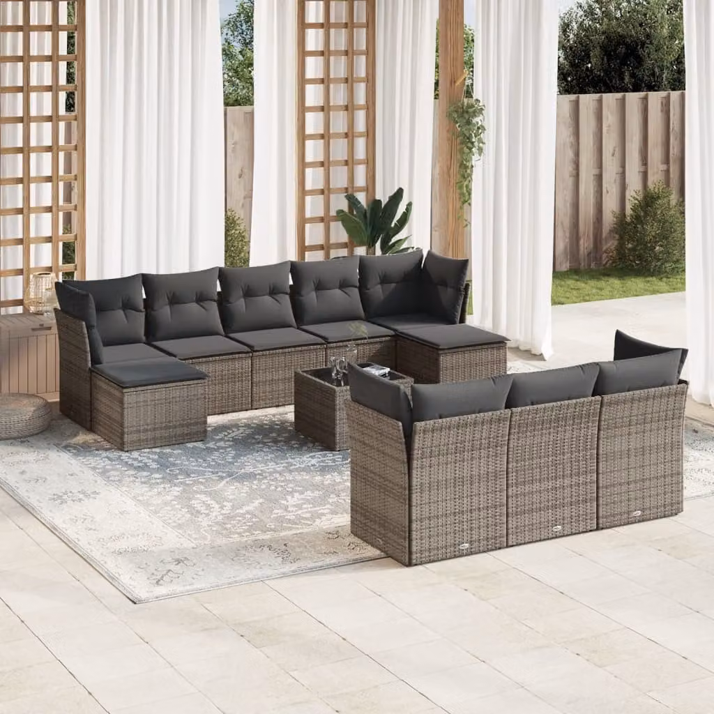 vidaXL Set Divani da Giardino 11 pz in Polyrattan Grigio con Cuscini e Tavolino da Esterno – 1