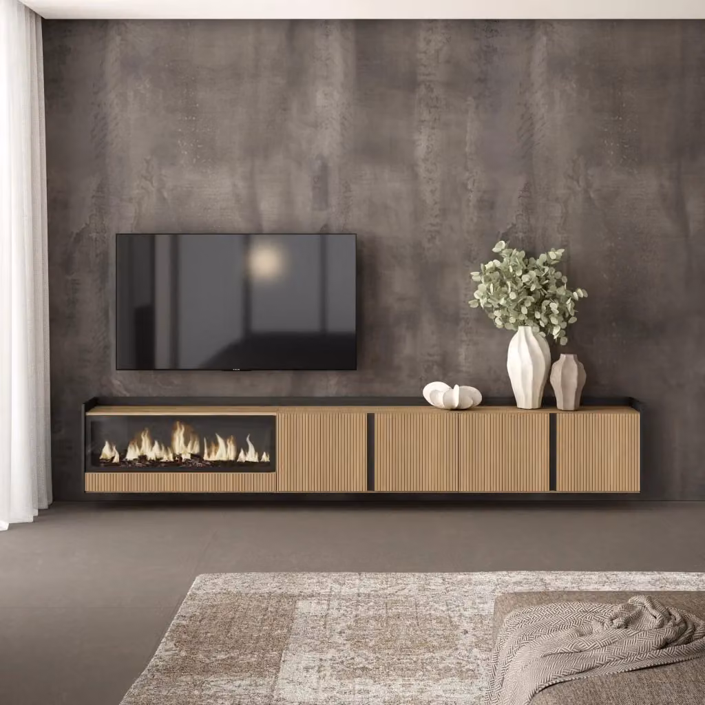 Mobile TV Sospeso SKRAUT HOME con Camino Elettrico XXL per TV fino a 80 pollici, Rovere e Nero, L: 315 cm, P: 50 cm, H: 35 cm – 2