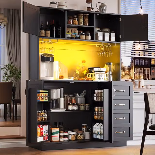 Credenza da cucina alta con LED, 4 ante, 2 cassetti e portabottiglie, per cucina, in MDF nero, 120 × 40 × 188 cm