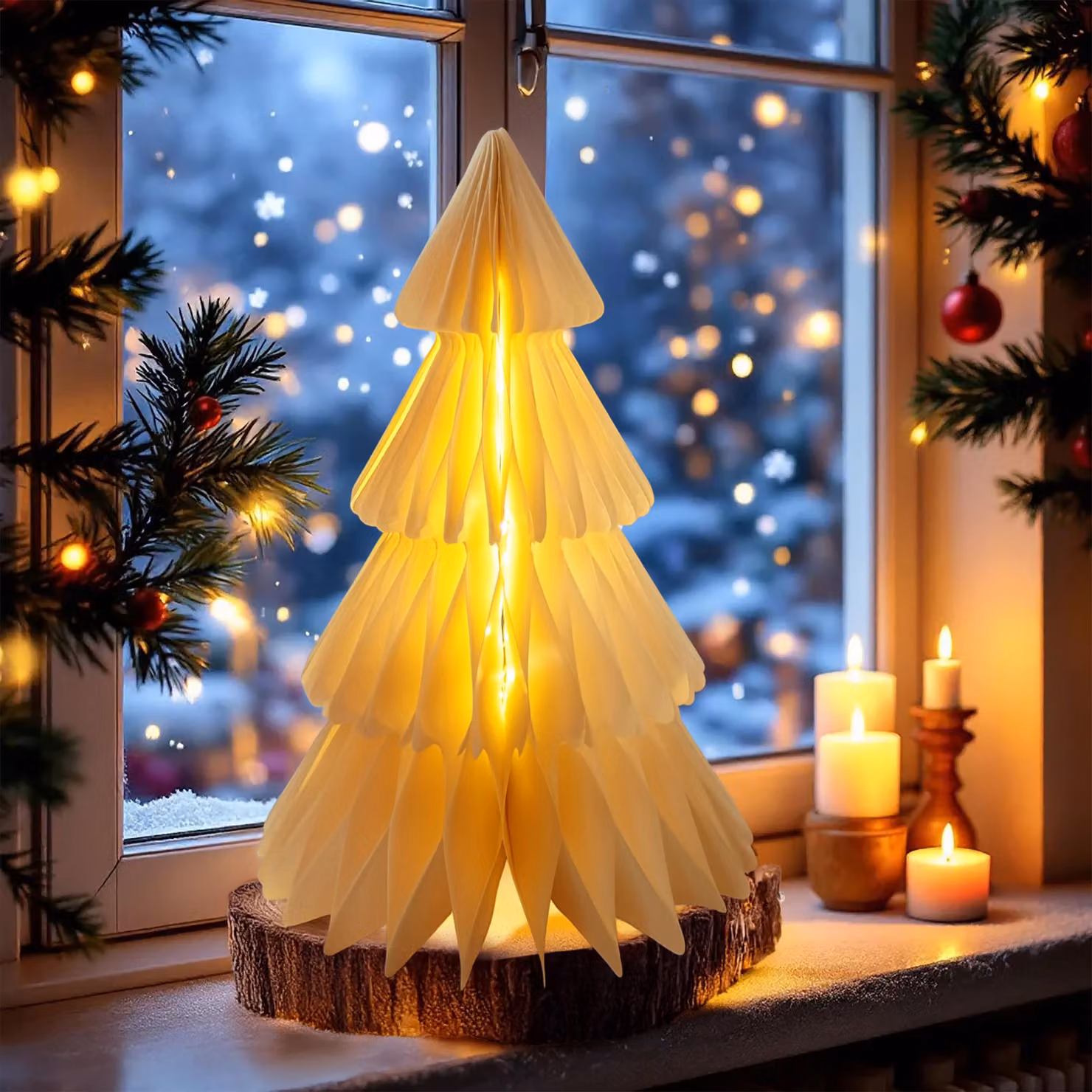 Albero di Natale di carta con illuminazione LED bianco caldo - 30 cm - figura decorativa albero di Natale pieghevole a batteria