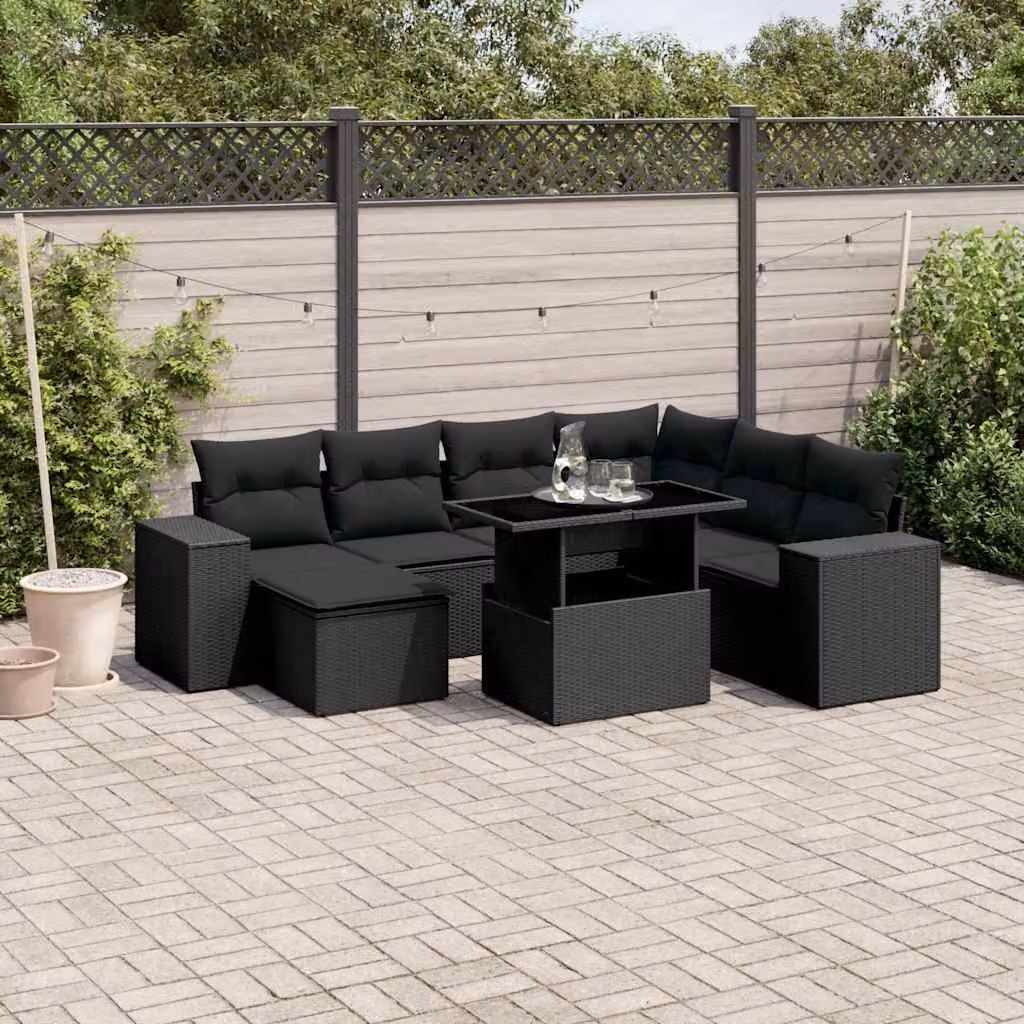 vidaXL Set Divani da Giardino a L in Polyrattan Nero con 8 Cuscini e Tavolino – 1
