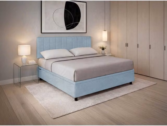 Letto imbottito Matrimoniale 180x200 cm Vertical - Contenitore,Microfibra,Azzurro