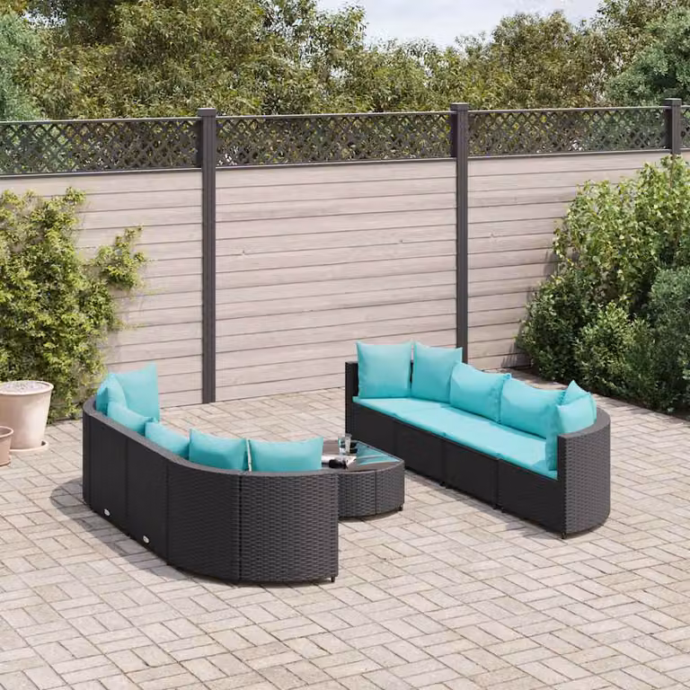 vidaXL Set Divani da Giardino 9 pz a Forma a L con Cuscini Blu e Nero in Polyrattan e Tavolino da Esterno