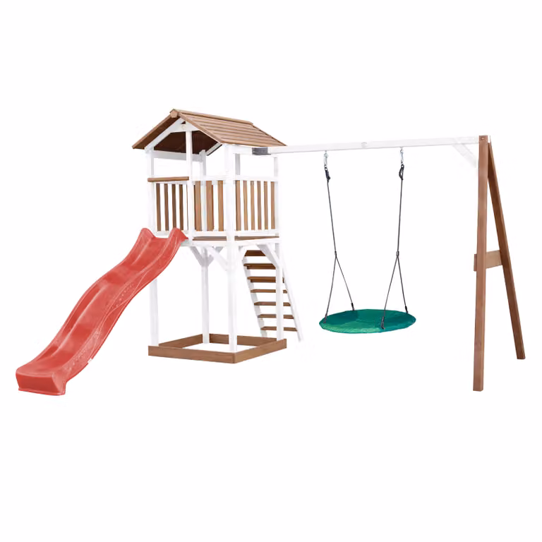 AXI Beach Tower parco giochi in legno in marrone e bianco | Torre di gioco con sabbiera, altalena a nido e scivolo rosso | Casa per bambini su palafitte per il giardino