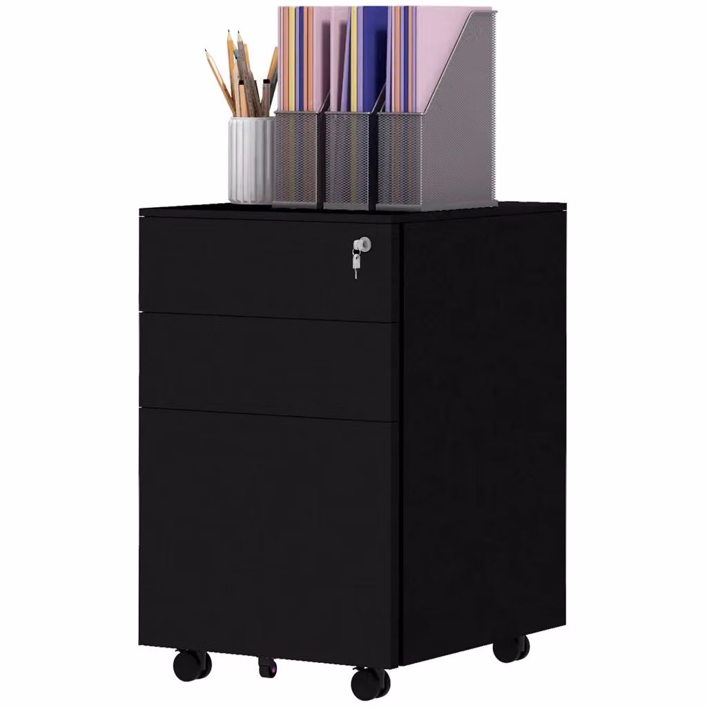 Cassettiera da ufficio Xylo con 3 cassetti, colore nero metallico, dotata di ruote e serratura, L 37 cm x P 43.5 cm x H 60 cm – 2
