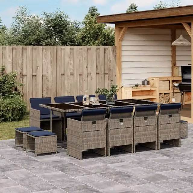 Set da pranzo da giardino vidaXL in polyrattan con cuscini e piano in vetro, 13 pezzi, Grigio