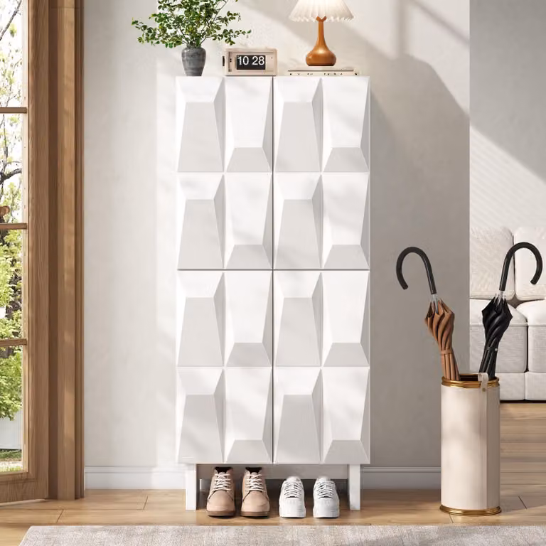 Mobiletto contenitore per scarpe Merax, modello credenza con 4 ante e 4 scomparti, comò con ripiani regolabili, frontale decorato, mobile salvaspazio per il soggiorno, colore bianco