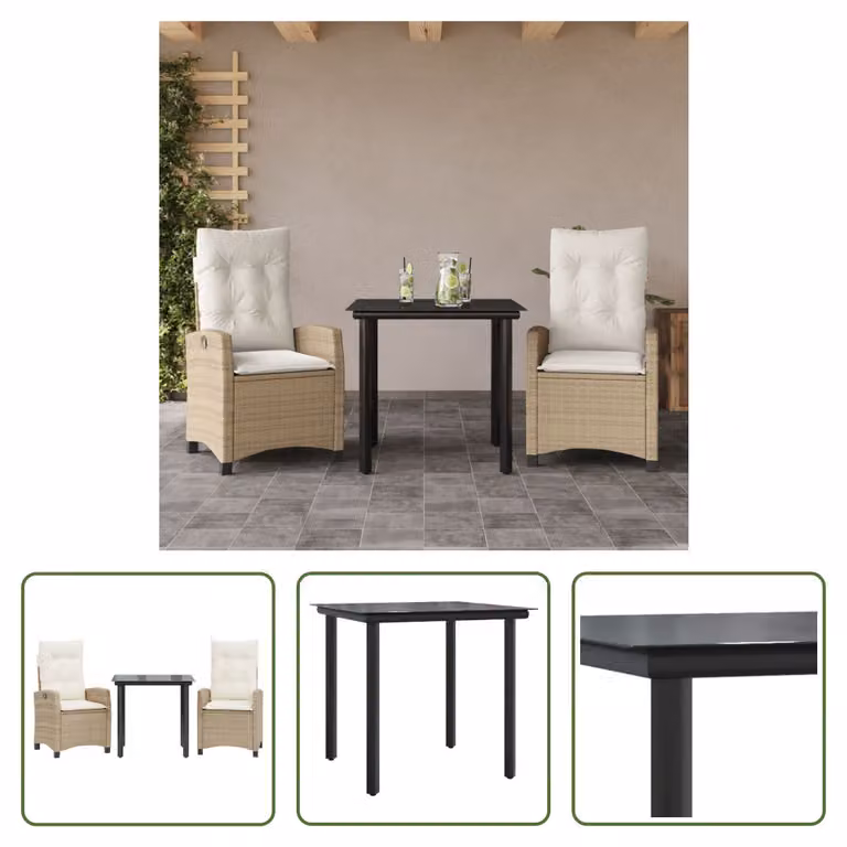 The Living Store Set da pranzo da giardino 3 pezzi con cuscini Beige poly rattan