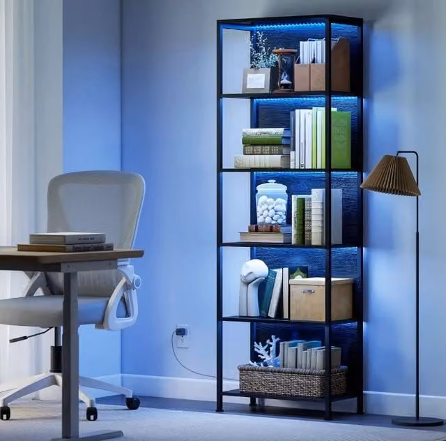 Libreria a 5 ripiani con LED, nera, 60 x 30 x 179 cm