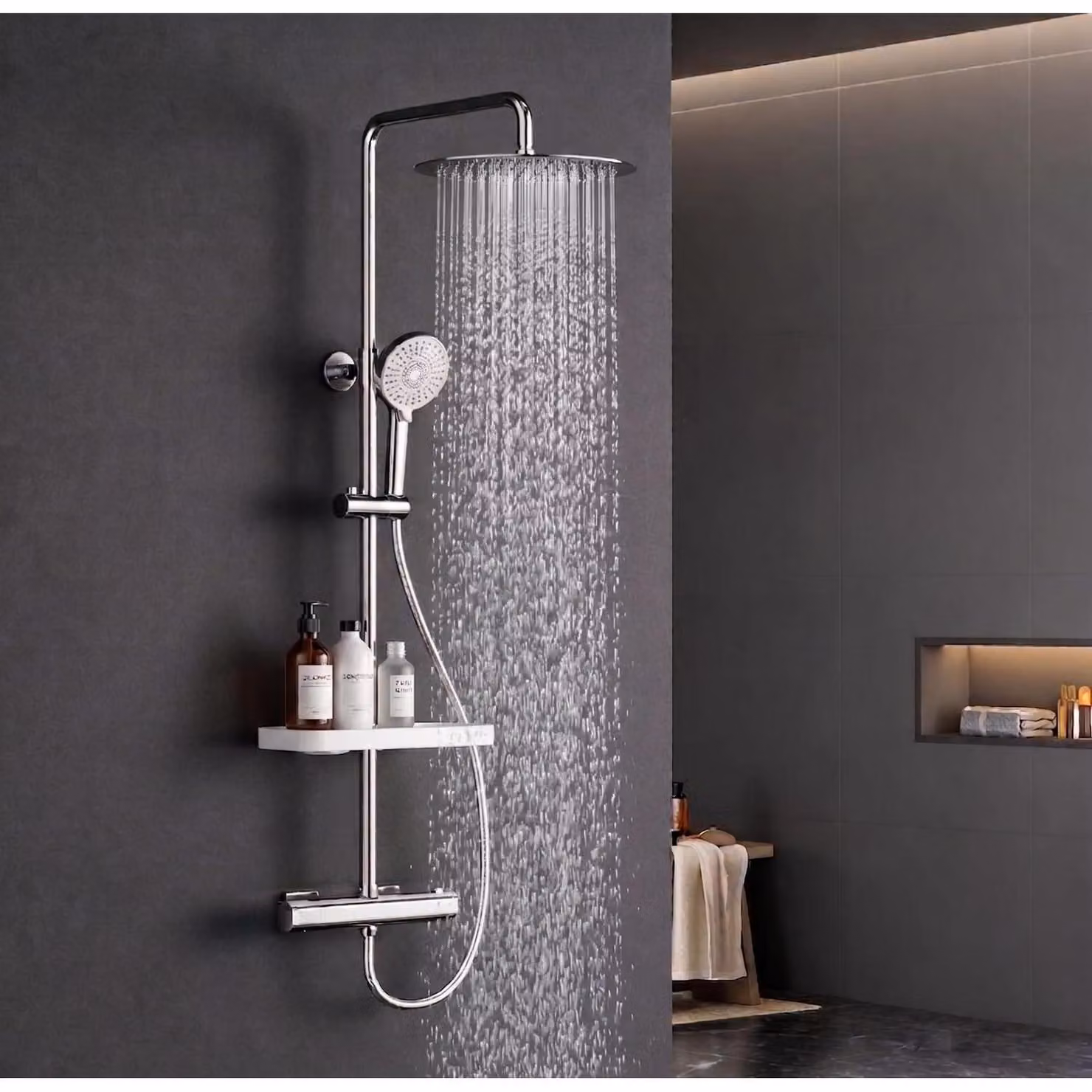Sistema doccia termostatico, forma circolare, diametro 30 cm, soffione a pioggia, acciaio inossidabile, set completo