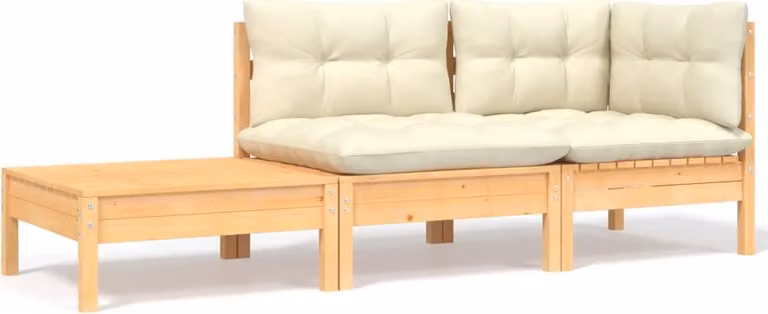 Set da lounge per giardino, composto da 3 elementi, con cuscini color crema, realizzato in legno massello di pino