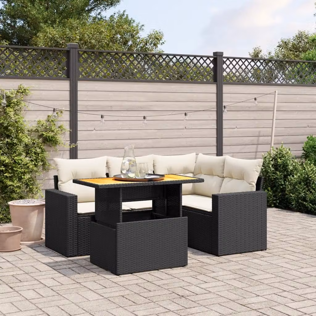 vidaXL Set Divani da Giardino a L 5 pz in Polyrattan Nero con Cuscini e Tavolino da Esterno – 1