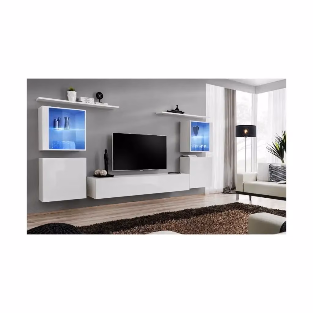 Set di mobili sospesi da salotto Meublorama collezione SWITCH XIV, colore bianco lucido, L/P/H: 320 x 40 x 150 cm – 2