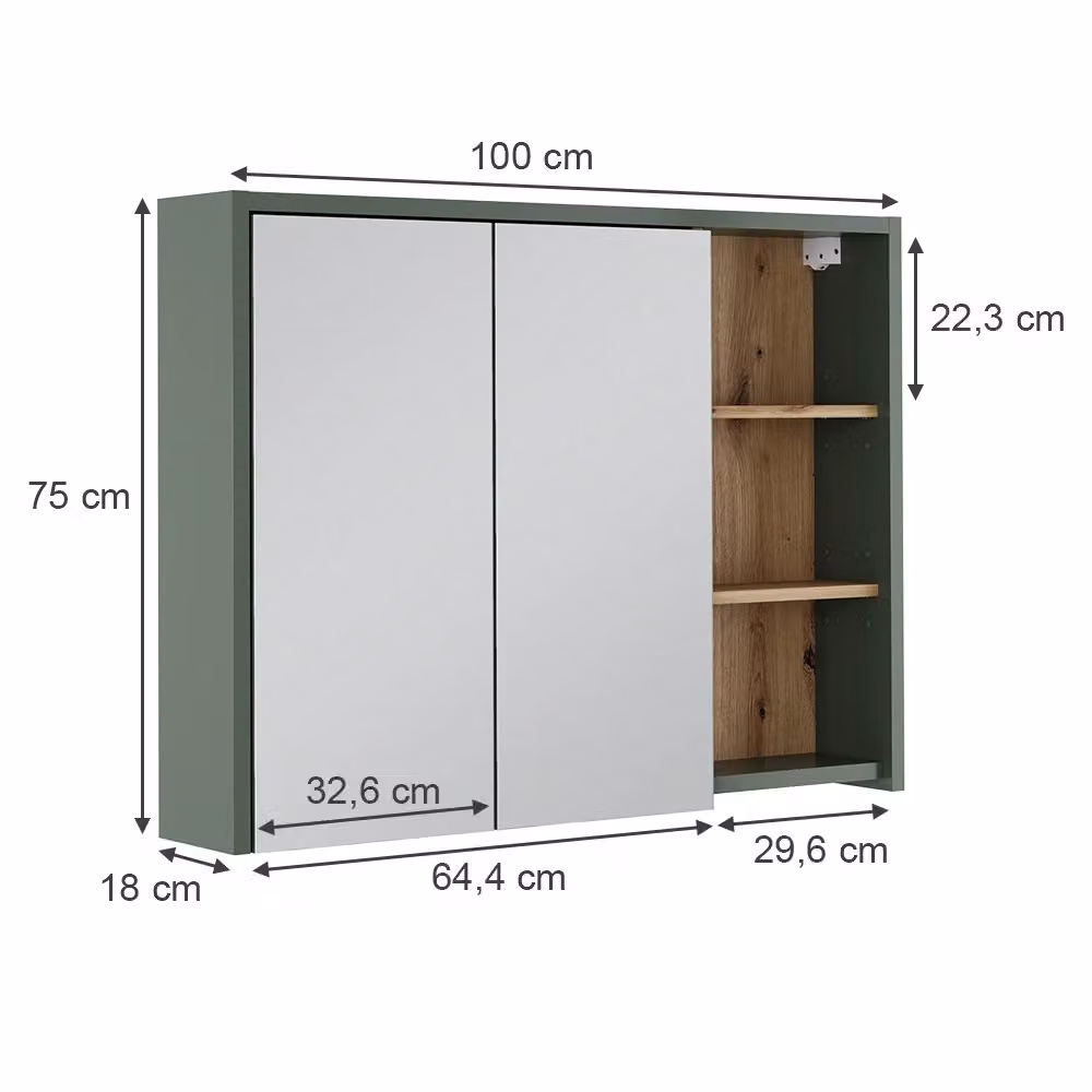 Mobile da bagno Vicco con specchio, ante in vetro e ripiani interni, colore verde e rovere, L: 100 cm, H: 75 cm – 2