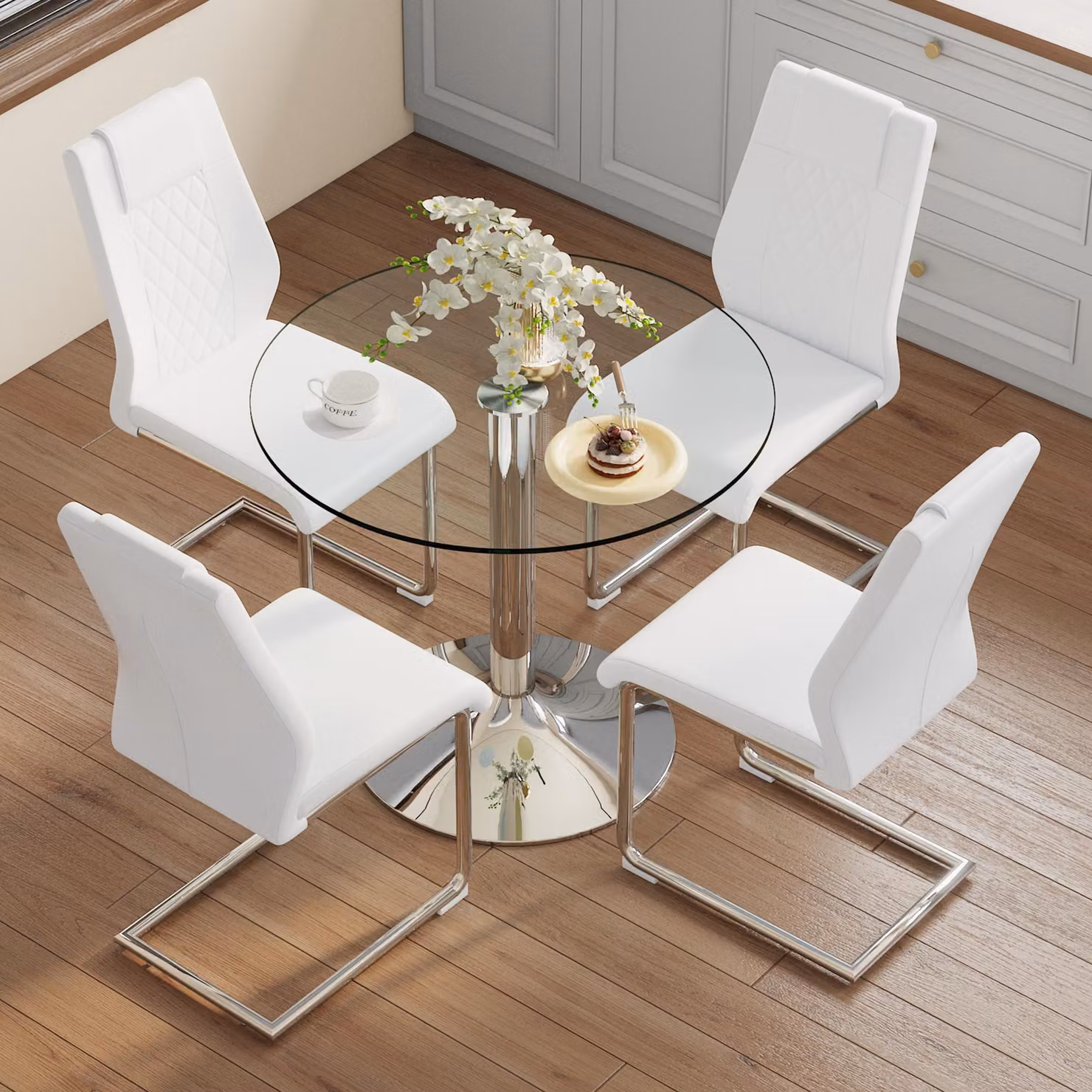 Set da pranzo, tavolo in vetro diametro 85 cm, 4 sedie in poliuretano, gambe argentate (bianco e argento)