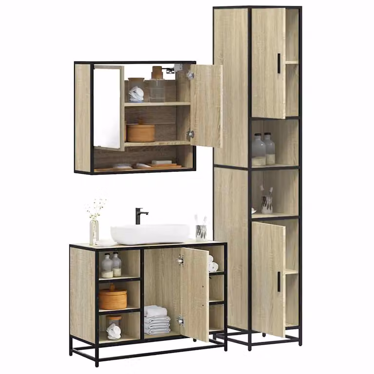 Set di mobili da bagno industrial vidaXL in legno e metallo, 3 pezzi, beige e marrone, con armadietto a specchio, mobile lavabo e colonna alta