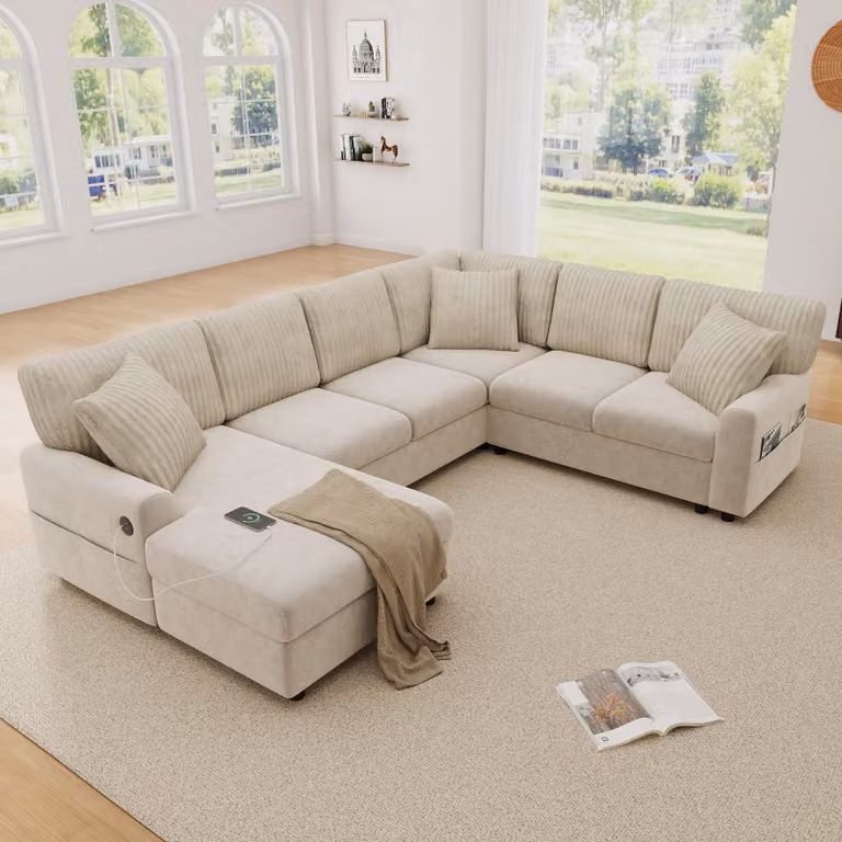 Divano angolare a forma di U in chenille e velluto, divano a 6 posti con chaise longue, divano modulare con cuscini, dotato di porta USB e tasche laterali, colore beige