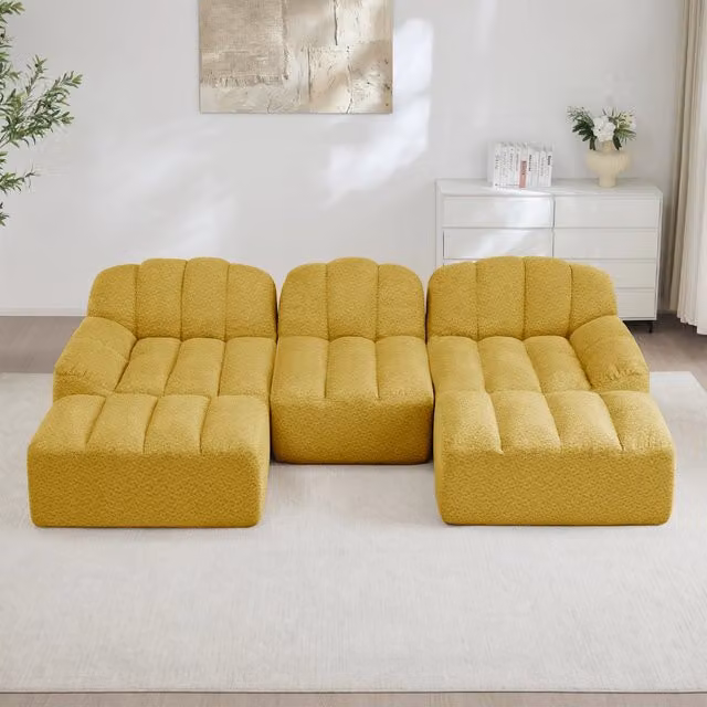 Divano panoramico modulare Mivray a 3 posti con 2 ottomane coordinati in tessuto giallo per soggiorno