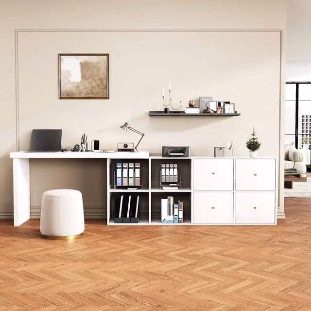 Scrivania angolare Mivray con piano girevole a 360 gradi in MDF bianco opaco L: 120 cm, P: 78 cm, H: 48 cm