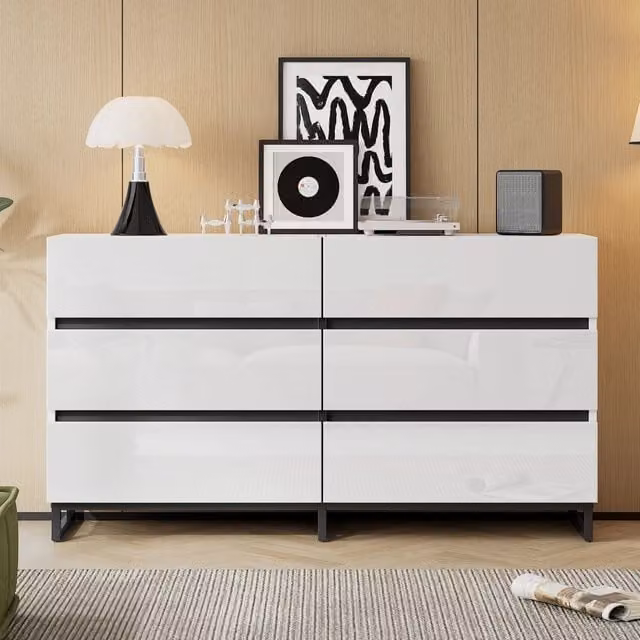Madia REDOM con 6 cassetti in stile moderno, finitura lucida bianco e nero, L 140 cm x P 39,5 cm x H 78,5 cm – 1