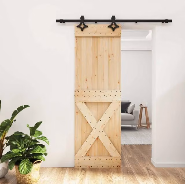 Porta scorrevole moderna vidaXL in legno e acciaio, colore naturale e nero, L: 70 cm, H: 210 cm