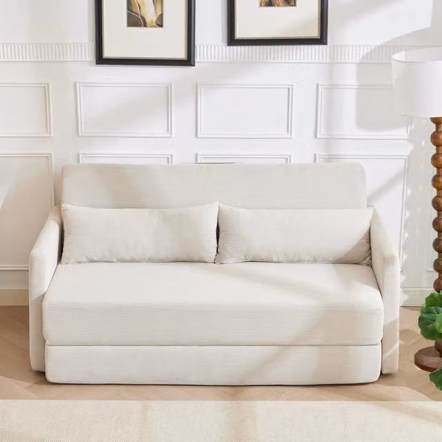 Divano letto FOLYNA a 2 posti pieghevole in velluto a coste beige con cuscini e struttura in legno e metallo L: 212 cm, P: 143 cm, H: 84 cm