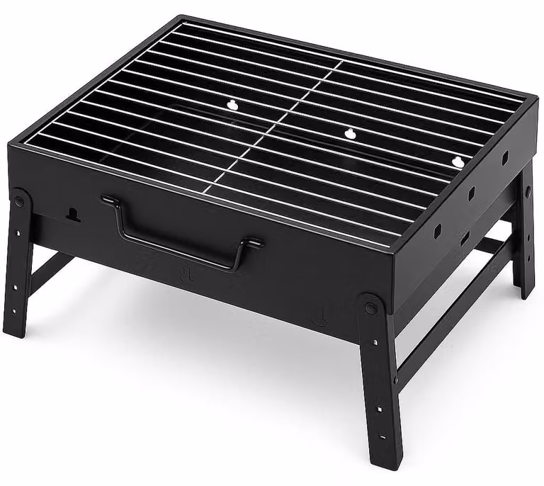Griglia portatile a carbone, in formato valigia, compatta, con maniglia e contenitore estraibile per la cenere, ideale per giardino, balcone, campeggio, picnic e attività all'aperto