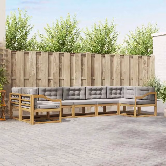 Set di divani da esterno vidaXL a forma di U composto da 7 pezzi in legno di acacia con cuscini inclusi, colori bianco, grigio e marrone – 1