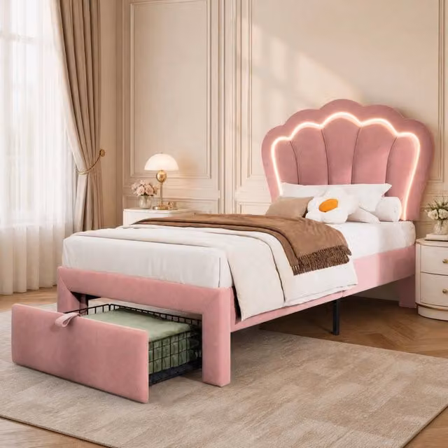 Letto singolo 90x200 cm con LED, contenitore e testiera regolabile in velluto rosa