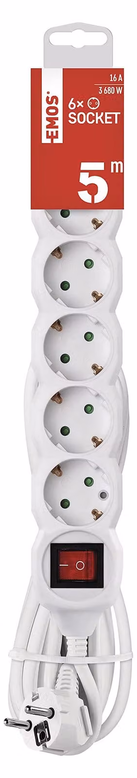 EMOS P1625R Presa multipla a 6 prese con interruttore, cavo da 5 m, bianco, prese ruotate di 45°, 1,5 mm, presa multipla Schuko con chiusura a prova di bambino, IP20 per uso interno