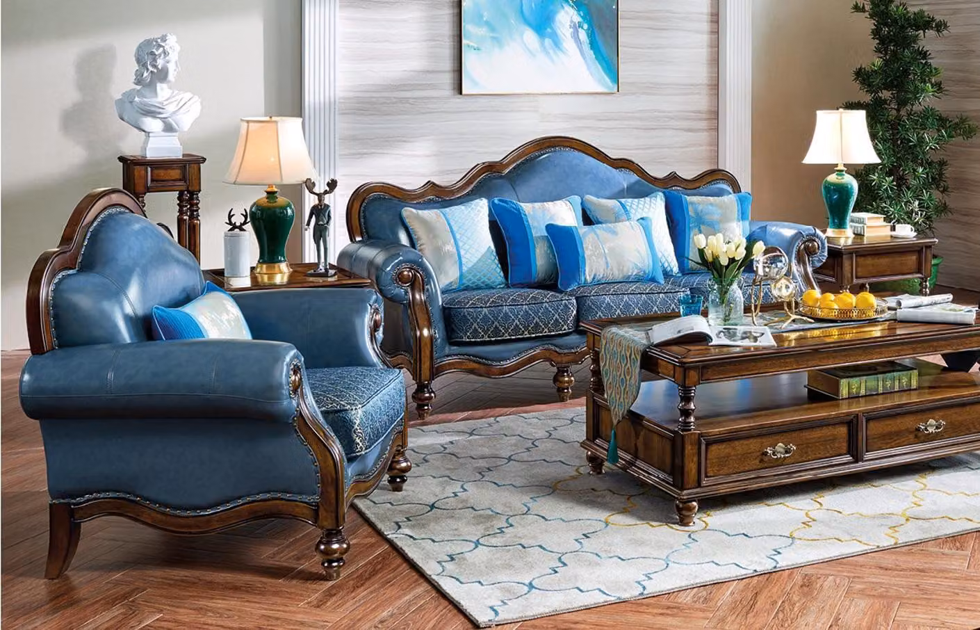 Blaue Barock Rokoko Chesterfield Sofagarnitur Couch Luxus Sofa 3+1 Sitz Garnitur