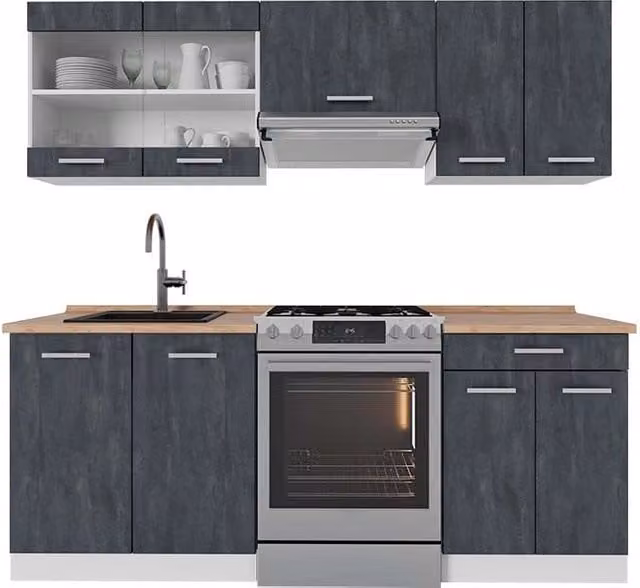 Mobile da cucina moderno Vicco R-Line con ante a battente, L/P/H: 200 x 60 x 81,6 cm, colore nero, bianco e rovere opaco – 1