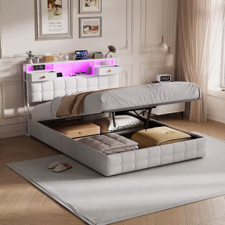 Letto imbottito REMZETTA, 160 x 200 cm, con contenitore, sistema di sollevamento idraulico, 2 cassetti nella testiera e illuminazione LED, color beige, per adulti
