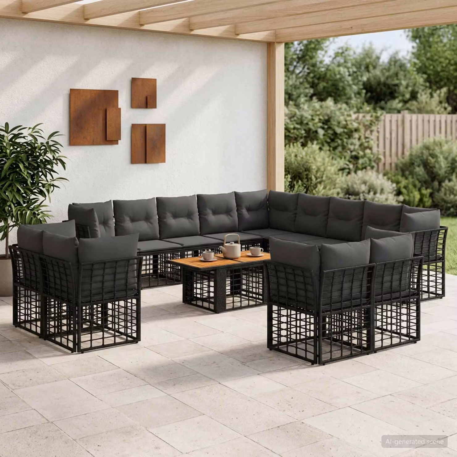 Set Divano da Giardino vidaXL 14 pz a Forma a U in Polyrattan con Cuscini e Tavolino, Nero e Grigio