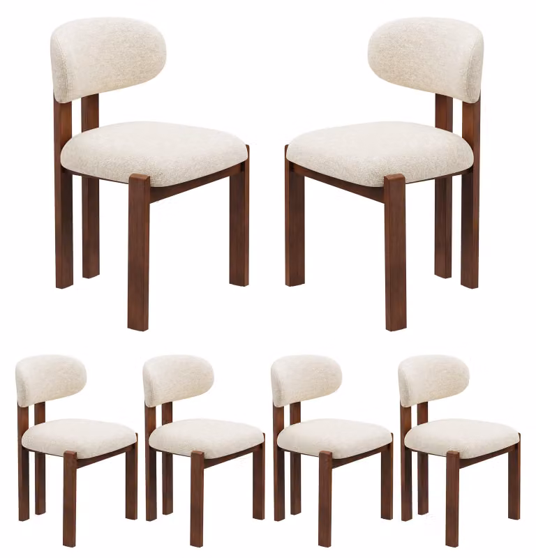 Set di 6 sedie da pranzo in tessuto chenille, struttura in legno massello color marrone, seduta confortevole, stile nordico, colore beige