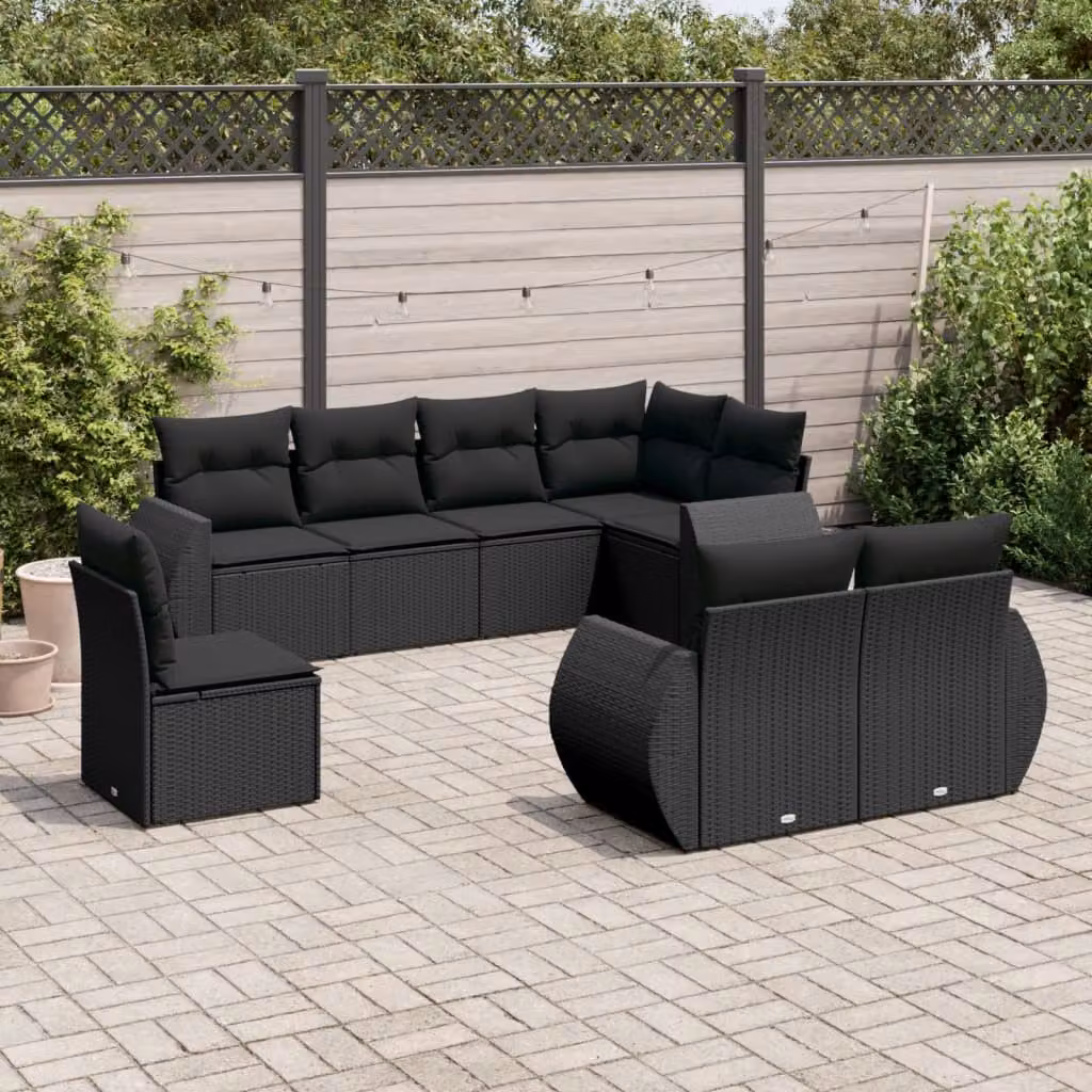 Set di divani da giardino vidaXL a forma di L con 8 cuscini neri in polyrattan e struttura in metallo – 1