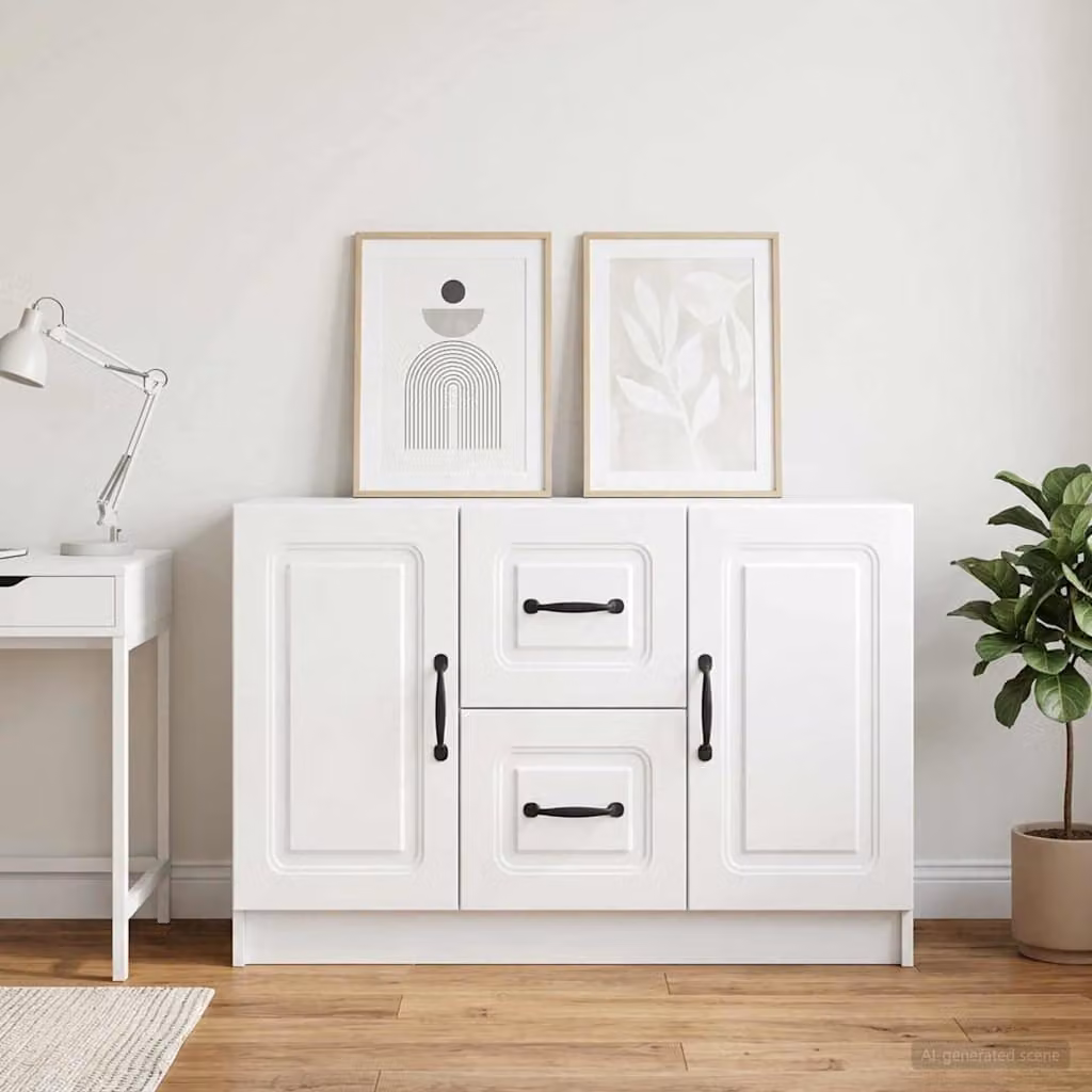 Credenza moderna vidaXL in bianco lucido con finitura in MDF e metallo L/P/H: 89 x 34,5 x 57 cm