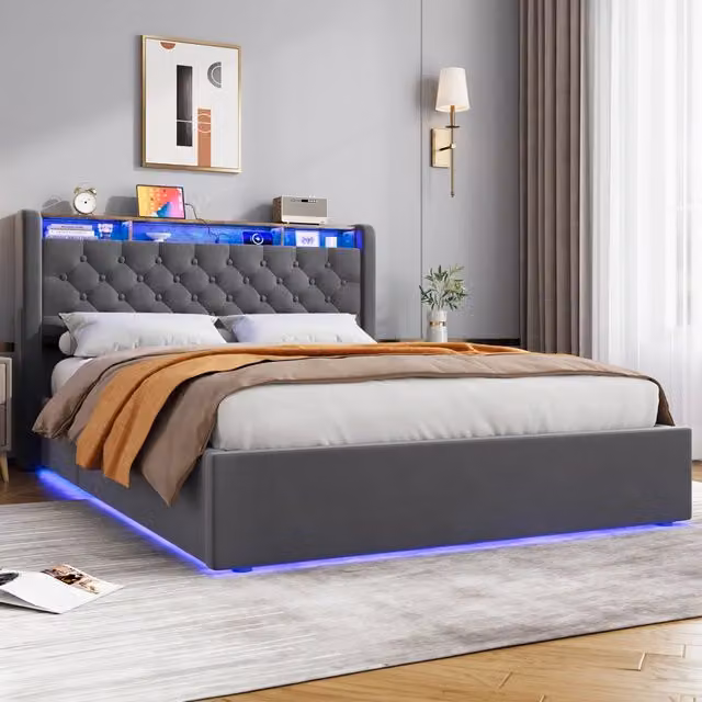 Letto imbottito 140x190 con contenitore; letto per ragazzi con testiera dotata di ripiani; illuminazione a LED e presa di corrente; materasso escluso; grigio scuro