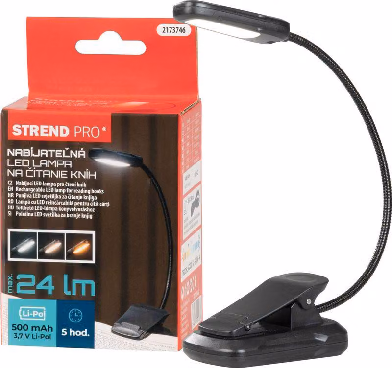 Lampada Strend Pro, per lettura libri, LED, USB, 24 lm, 3 tonalita di colore, dimmerabile, ricaricabile