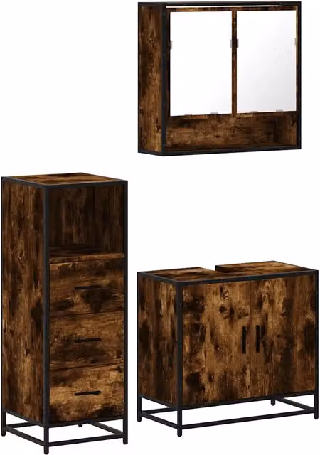 Set Mobili da Bagno | Armadio da bagno 3 pz Rovere Fumo in Legno Multistrato