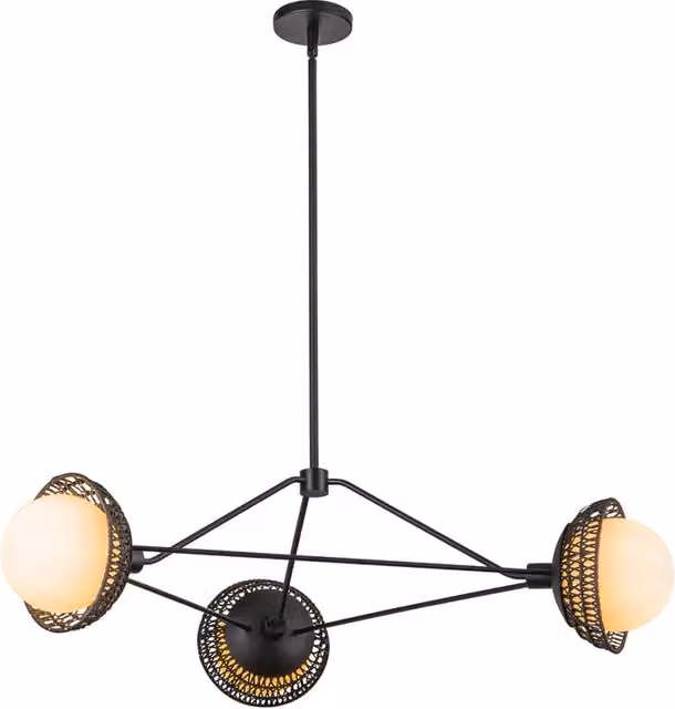 Lampada a sospensione boho Alora Mood nera in rattan e vetro con 3xE14, Altezza regolabile