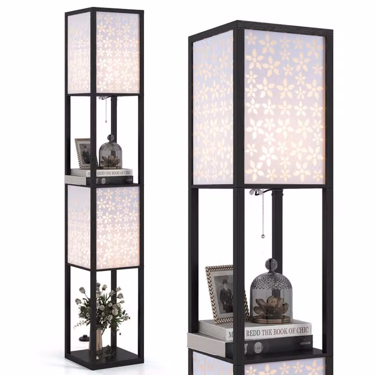 COSTWAY Lampada da terra a 2 fiamme 156 cm con ripiano, lampada da terra con 2 paralumi e interruttore a pedale, lampada a ripiano in legno, lampada da terra, fiori