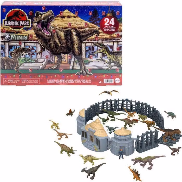 Calendario dell'Avvento Jurassic World Mattel, giocattolo con 19 figurine, include decorazioni