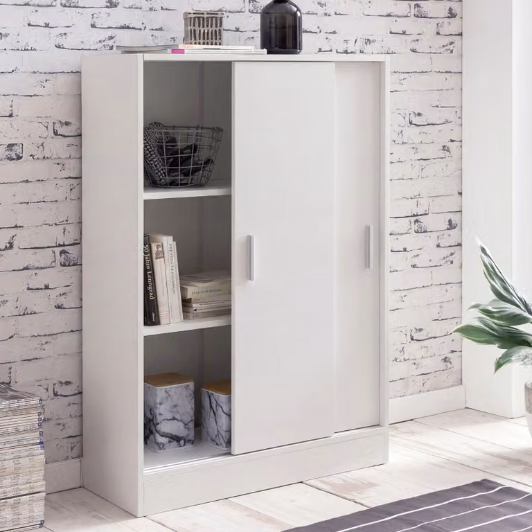 FineBuy Cassettiera bianca larga 60 cm con 2 ante scorrevoli per cartelle da ufficio Armadio ad ante scorrevoli Armadio per cartelle Credenza Armadio