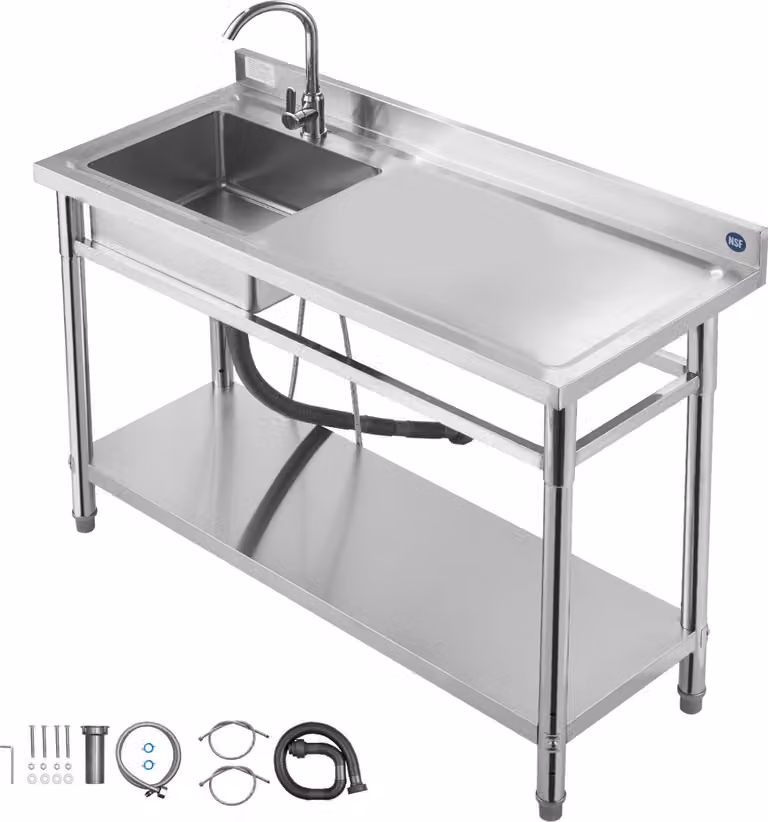 Lavello SucceBuy in acciaio inox (120 x 50 x 94 cm), monovasca con rubinetto e ripiano, lavello da cucina per garage, ristorante o lavanderia, lavello da esterno con piano di lavoro (a destra)