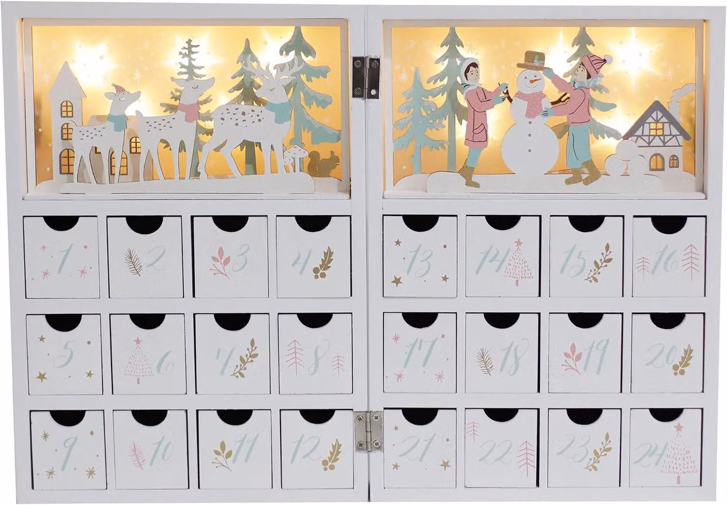 Calendario dell'Avvento natalizio in legno con 24 cassetti - Calendario natalizio illuminato con scena di villaggio - Decorazione natalizia da riempire