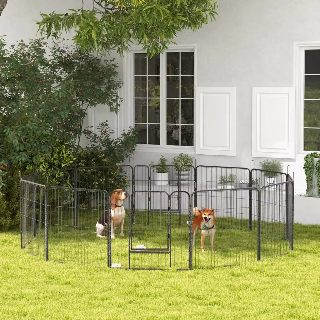 Area giochi configurabile per cani OKWISH con 12 pannelli e 2 porte pieghevoli in metallo grigio per interni ed esterni – 2